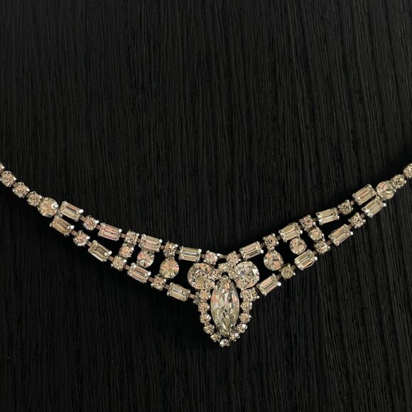 Vintage Signed Sherman Necklace Earring Set Clear Rhinestone Clip on Swarovski - Picture 9 of 11